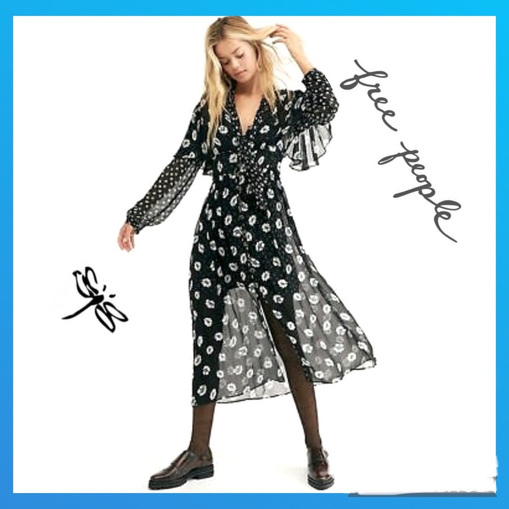 RARE!! Free People Dazey Printed Viscose Chiffon Shirt Dress with Slip (S)